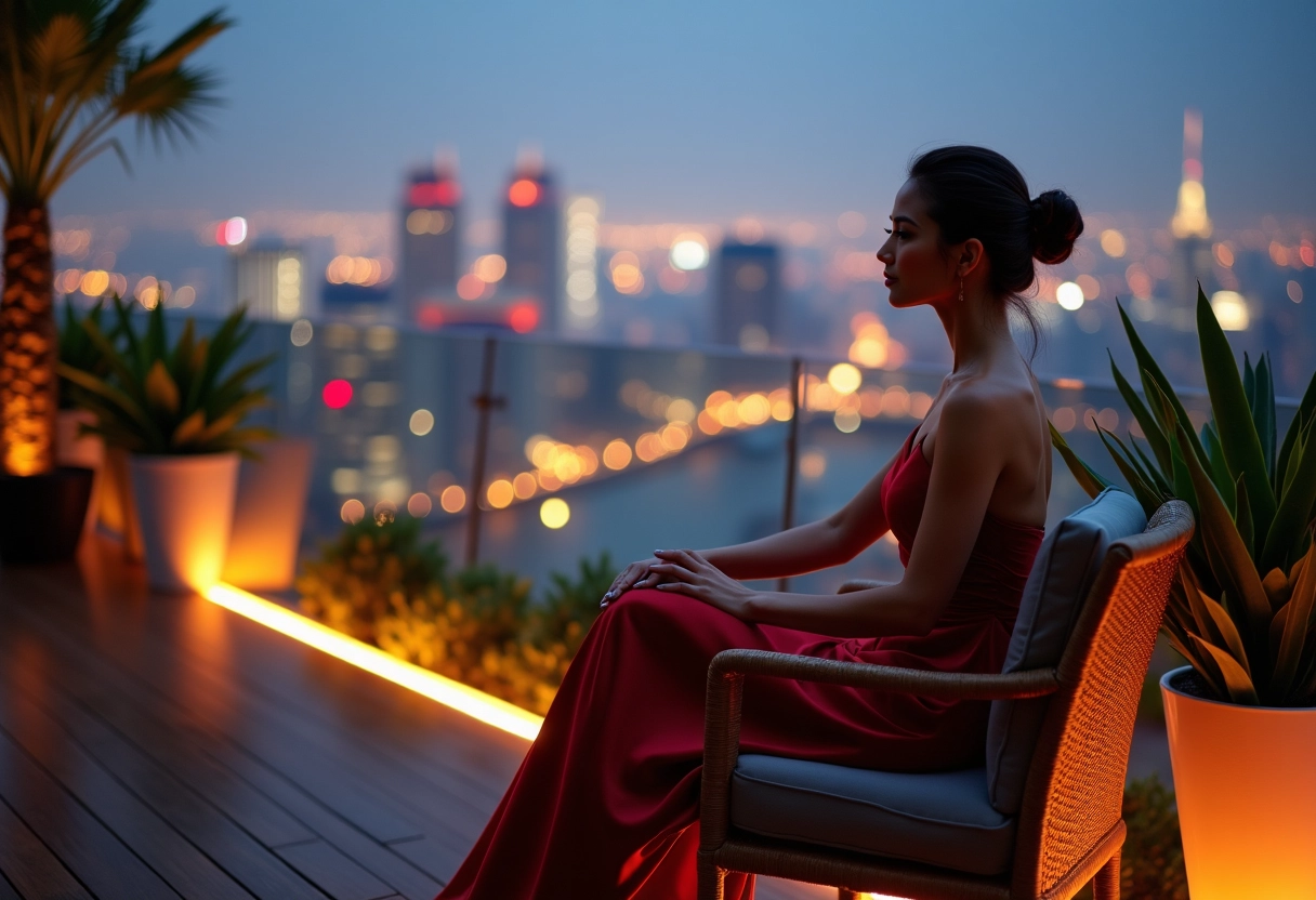 Jeune femme en robe élégante sur terrasse urbaine