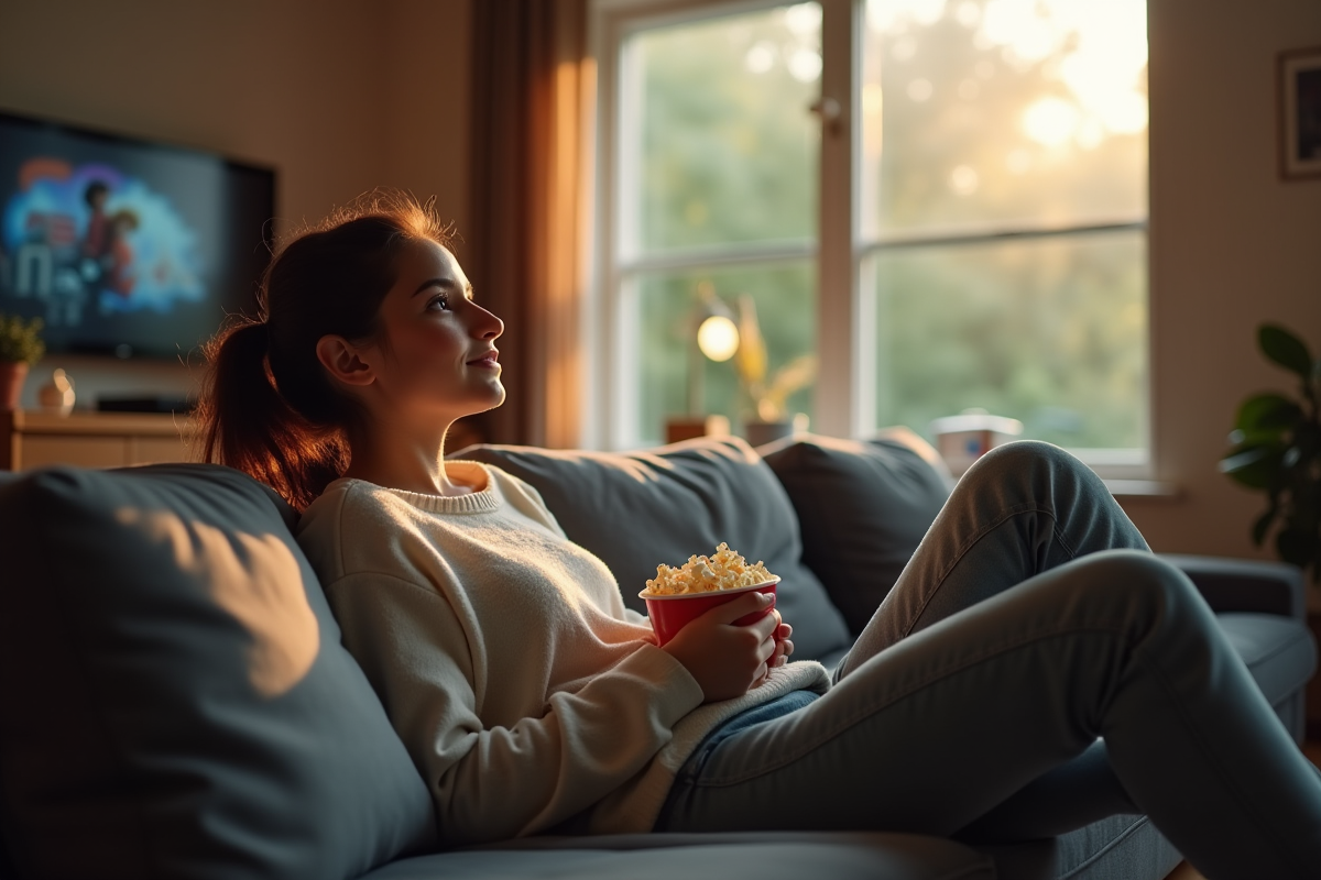 Jeune femme regardant un film dans un salon lumineux