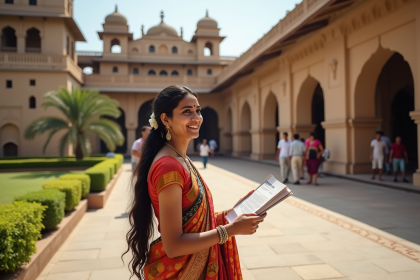 Femme indienne souriante en saree près d'un palais