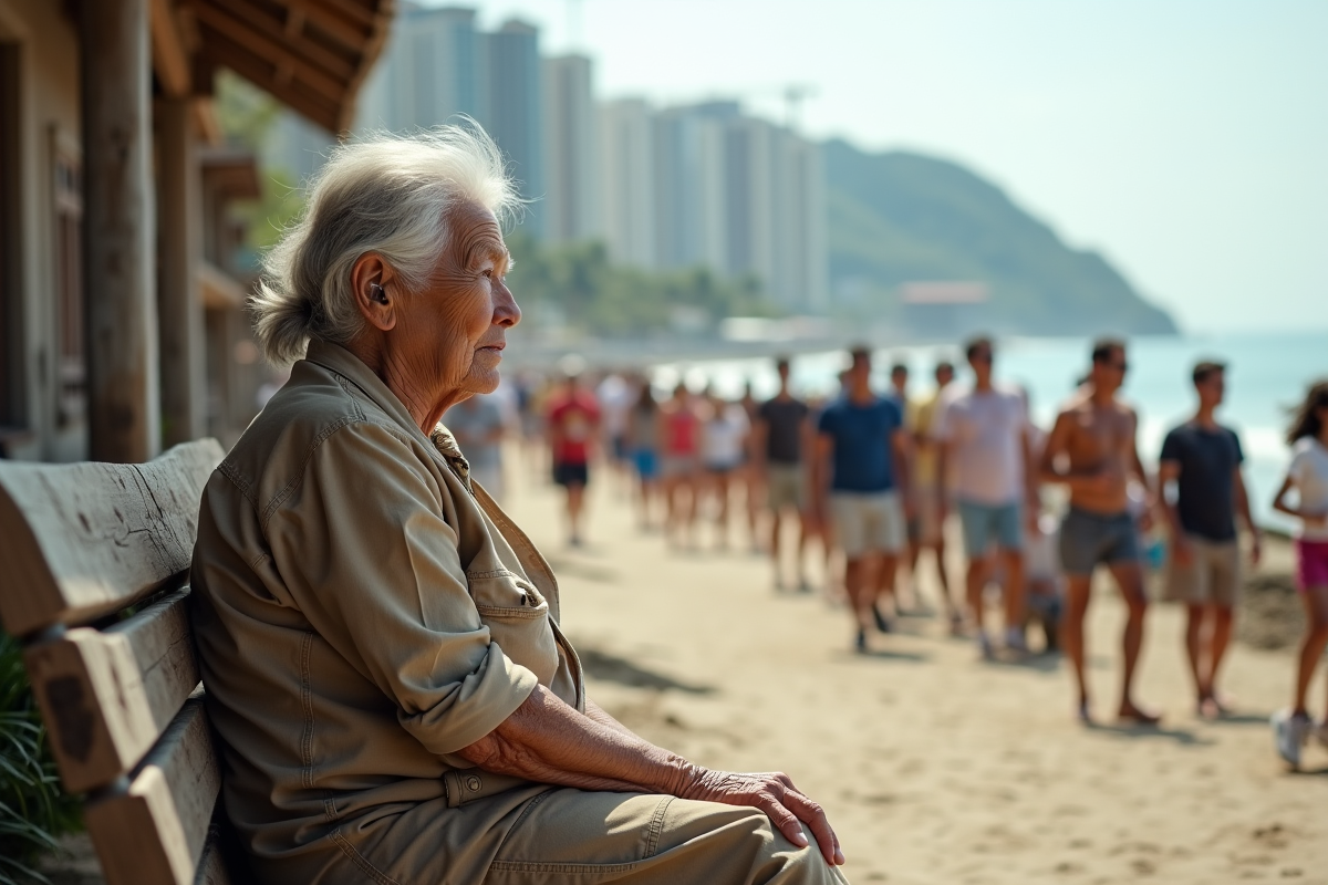 Femme âgée observant des touristes sur la côte en construction