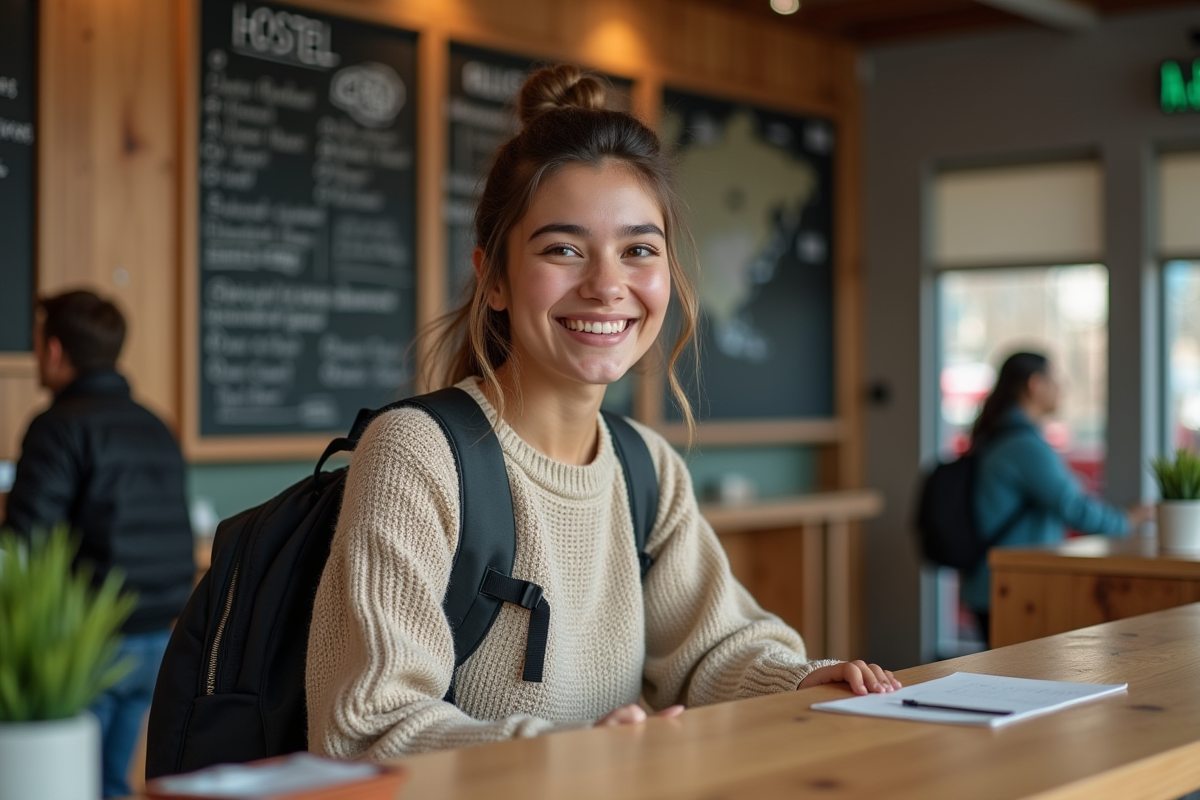 Femme voyageuse check-in à la réception d