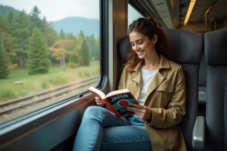 Femme lisant un guide de voyage au Japon dans un train