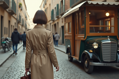 Femme avec trench devant le plus petit hotel voiture
