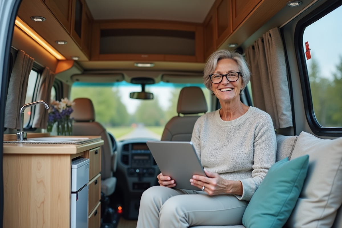 Femme souriante dans son van aménagé avec tablette en main
