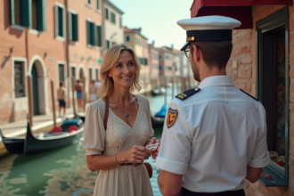Femme souriante achetant un vaporetto à Venise