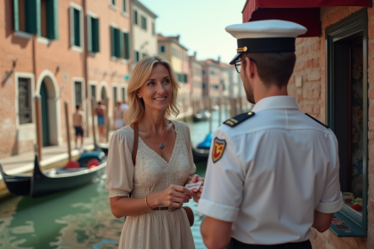 Femme souriante achetant un vaporetto à Venise