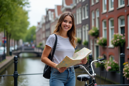 Jeune femme souriante avec carte et vélo hollandais