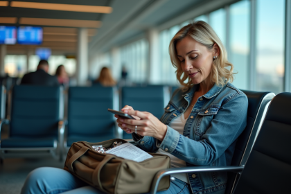 Femme vérifiant sa trousse de toilette avec médicaments à l'aéroport