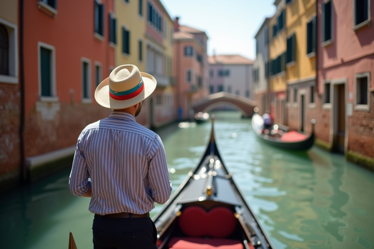 Gondolier vénitien sur le canal avec bâtiments colorés
