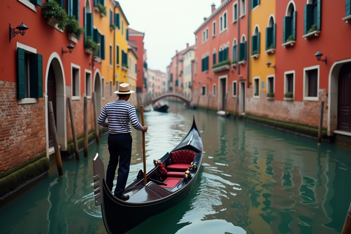 Gondolier traditionnel naviguant dans un canal vénitien