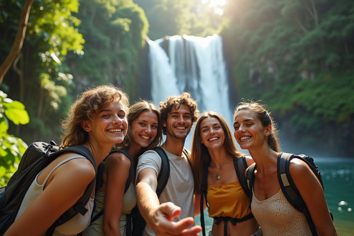 Groupe d'amis souriants avec sacs à dos devant une cascade tropicale