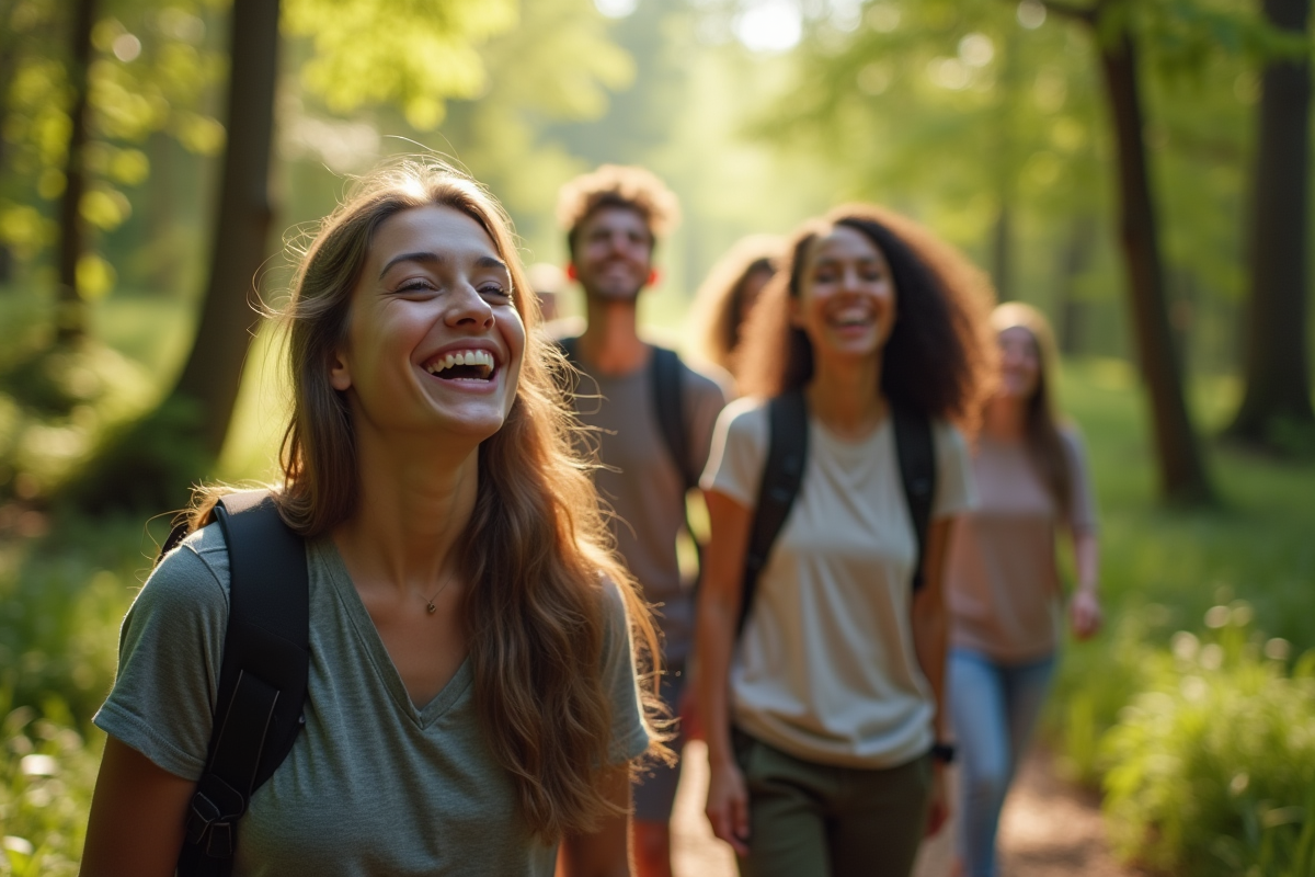 Groupe d'amis riant lors d'une randonnée en forêt