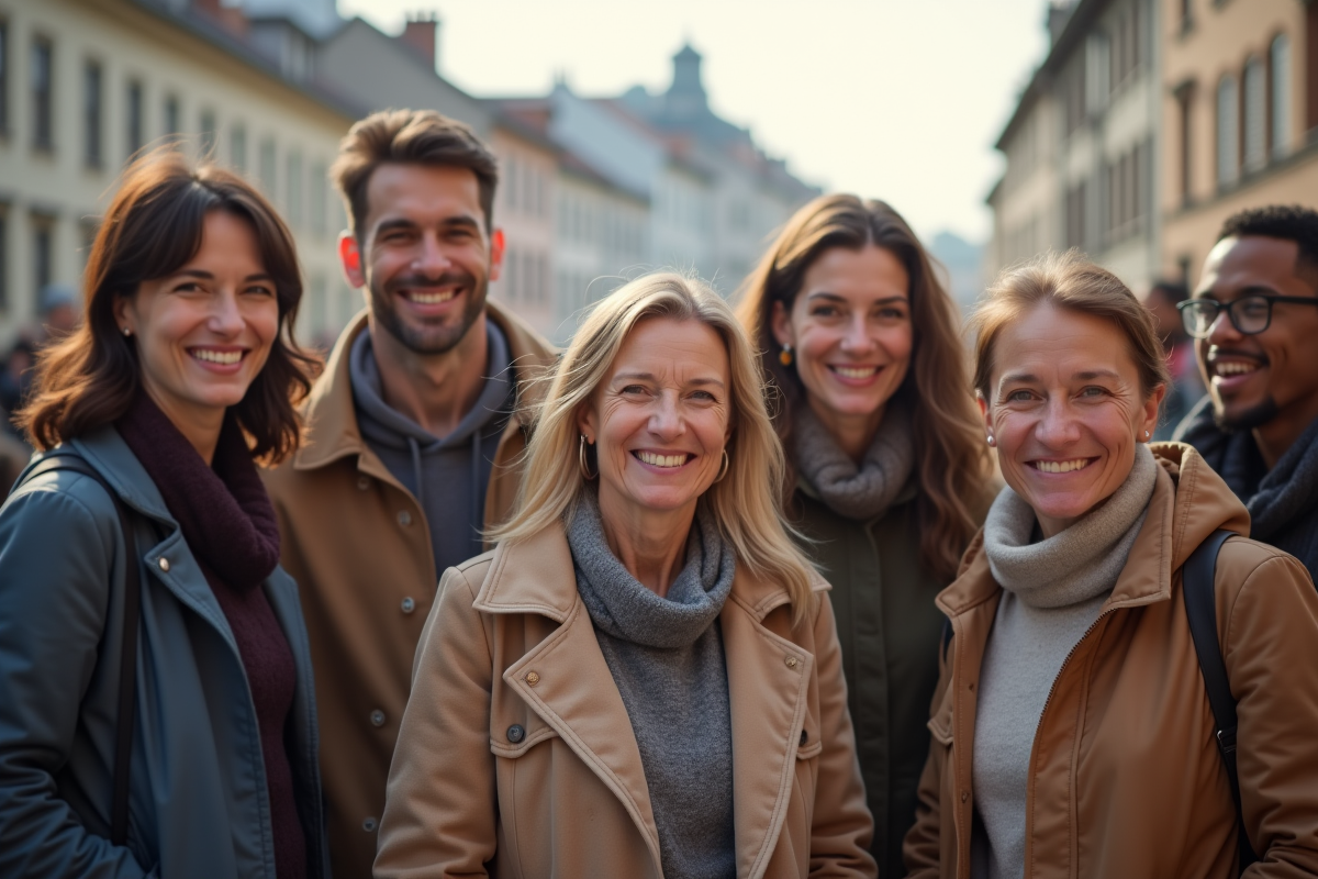 Groupe divers de personnes souriantes en ville