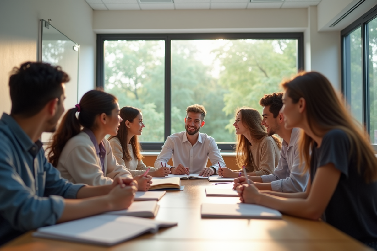 Groupe d'étudiants internationaux en cours en salle lumineuse