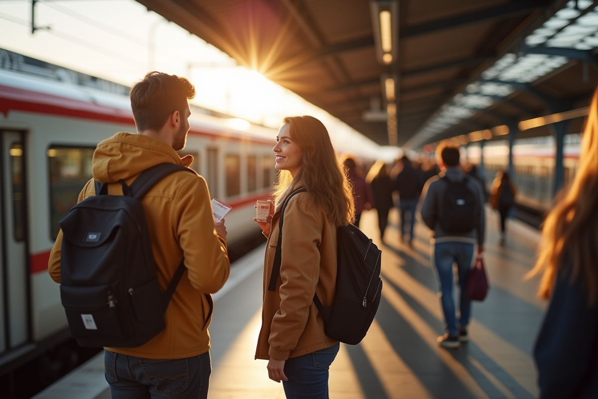 Groupe de jeunes adultes dans une gare avec billets