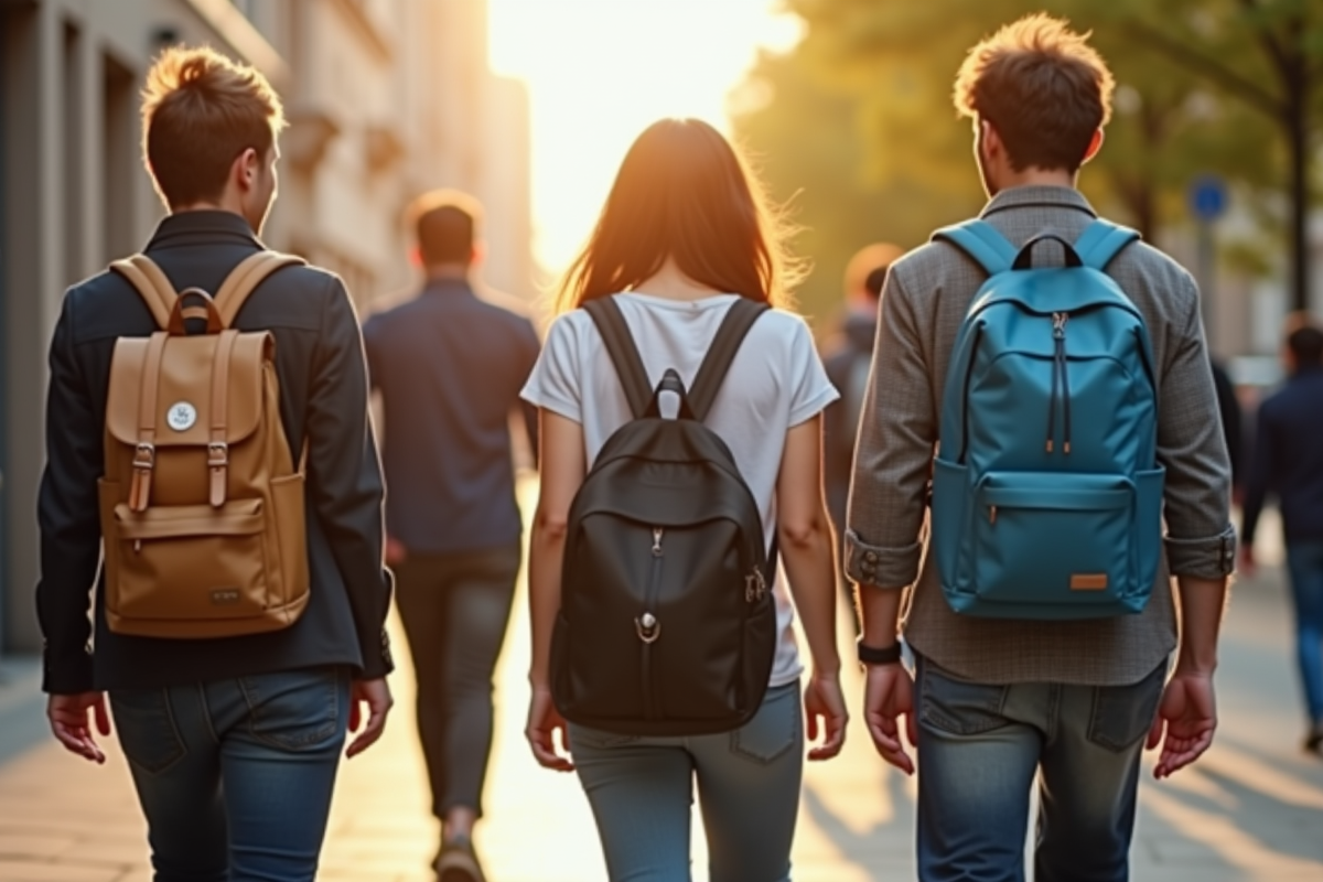 Groupe de personnes marche avec sac a dos dans la ville ensoleillee