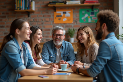 Groupe de voyageurs souriants dans un hostel convivial