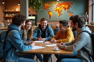 Groupe de jeunes voyageurs dans un salon d'auberge moderne