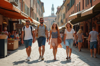 Groupe de jeunes voyageurs dans une ville européenne animée