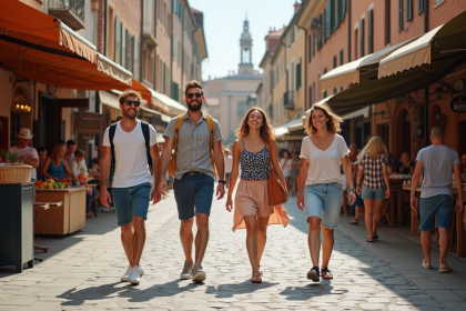 Groupe de jeunes voyageurs dans une ville européenne animée
