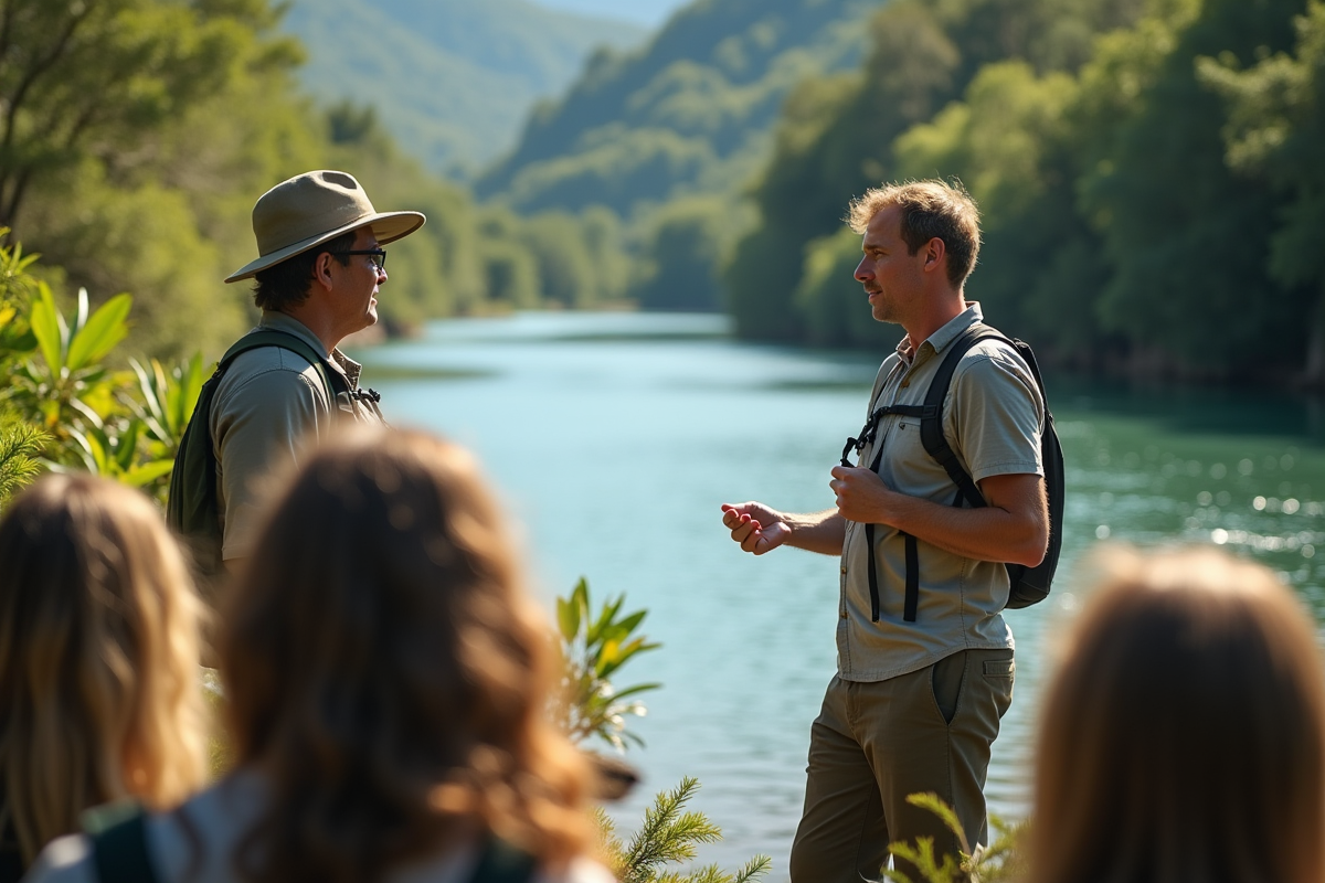 Guide local expliquant la conservation à des touristes au bord de l