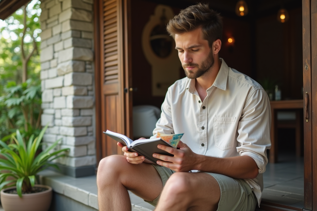 Jeune homme calculant ses dépenses dans un guesthouse balinais
