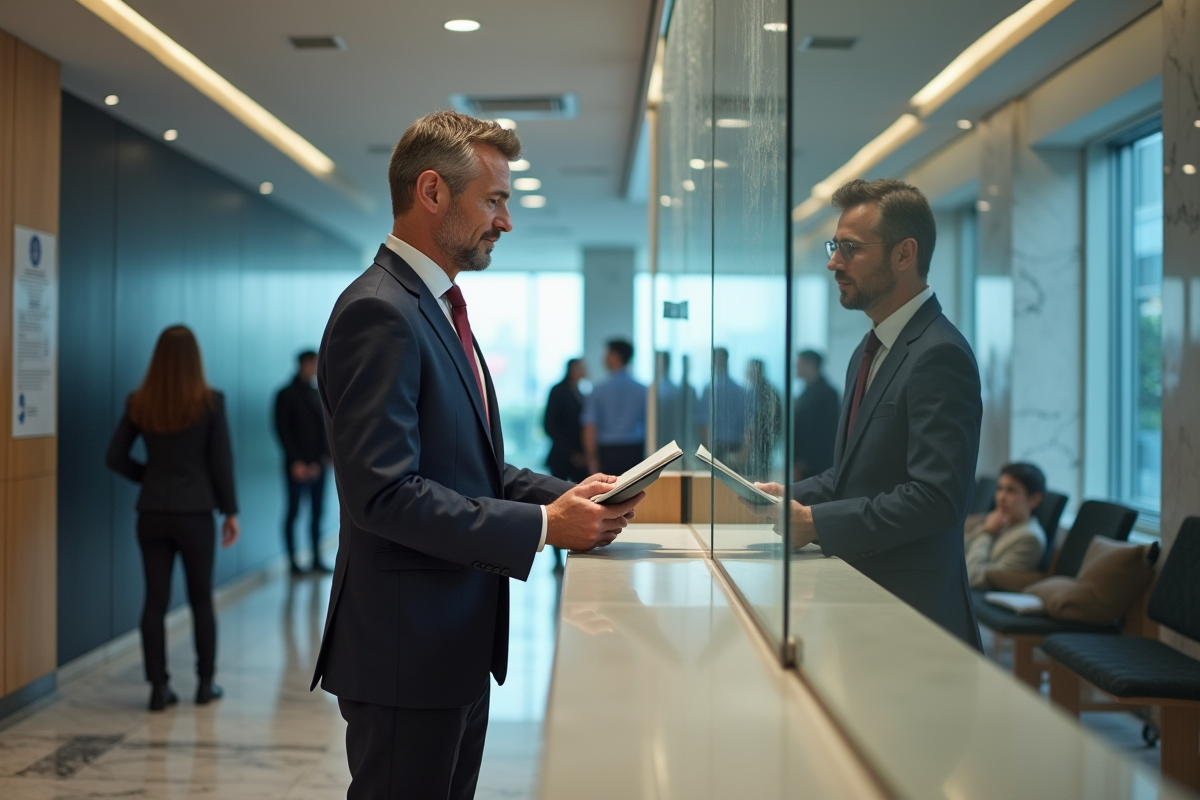 Homme remet un dossier à un agent au consulat
