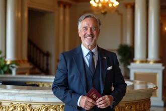 Homme d'âge moyen en costume dans un hôtel de luxe