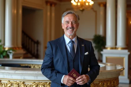 Homme d'âge moyen en costume dans un hôtel de luxe