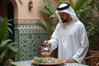 Homme marocain versant du thé à la menthe dans un riad traditionnel