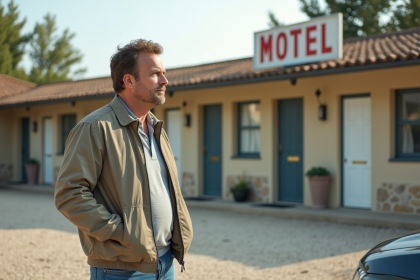 Homme d'&acirc;ge moyen devant un motel fran&ccedil;ais classique