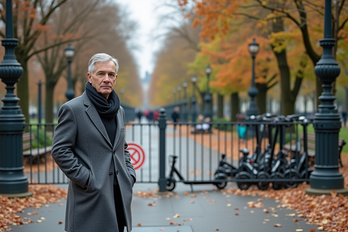 Homme dans un parc parisien avec des scooters interdits en arrière-plan