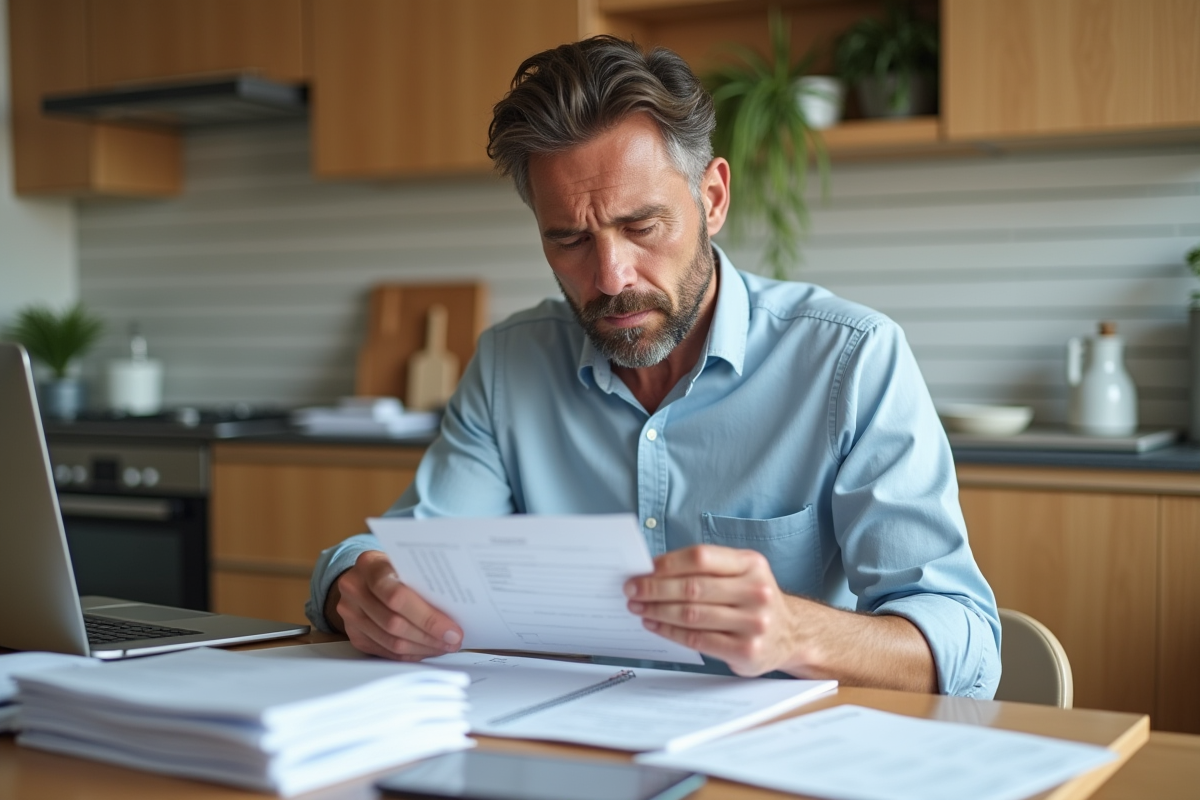 Homme vérifiant ses reçus dans une cuisine bien organisée