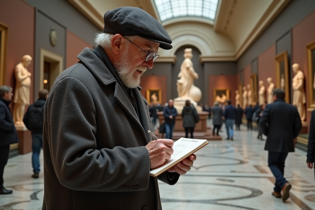 Homme âgé esquissant dans un musée d