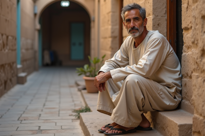 Homme en tenue traditionnelle maghrebinne assis dans une ruelle
