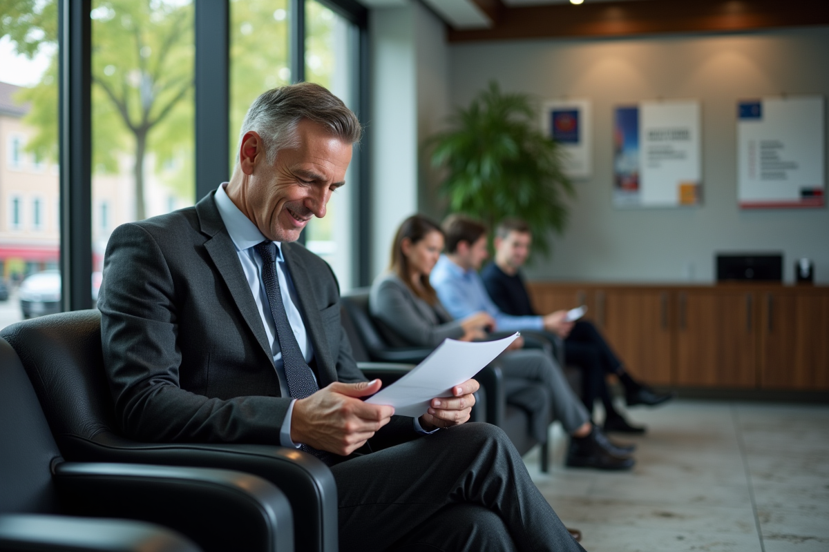 Homme vérifiant des documents dans le hall du consulat