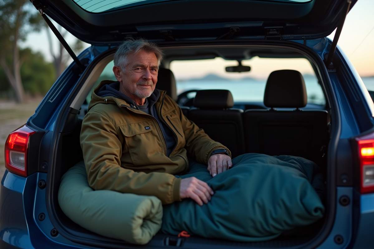 Homme organisant ses affaires dans la voiture au parc côtier