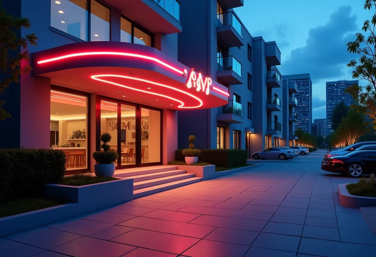 Entrée moderne d'un love hotel la nuit avec néons et voitures