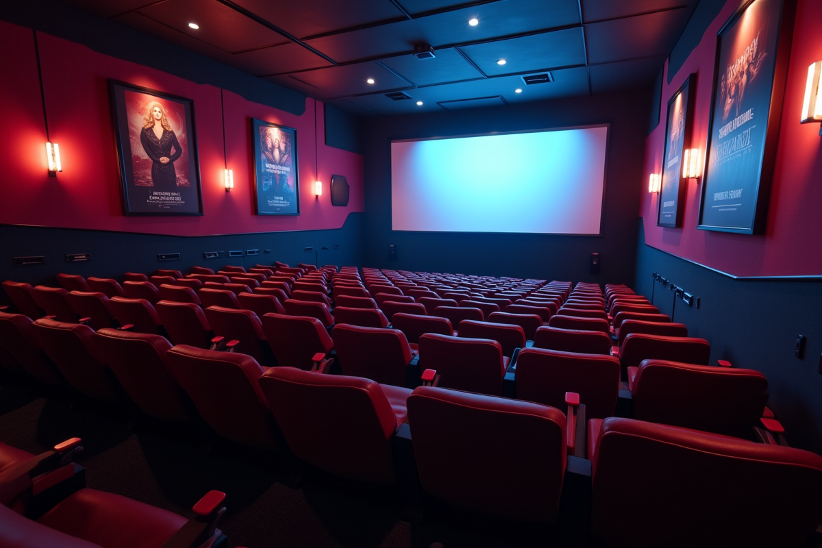 Intérieur de cinéma élégant avec écran lumineux et affiches