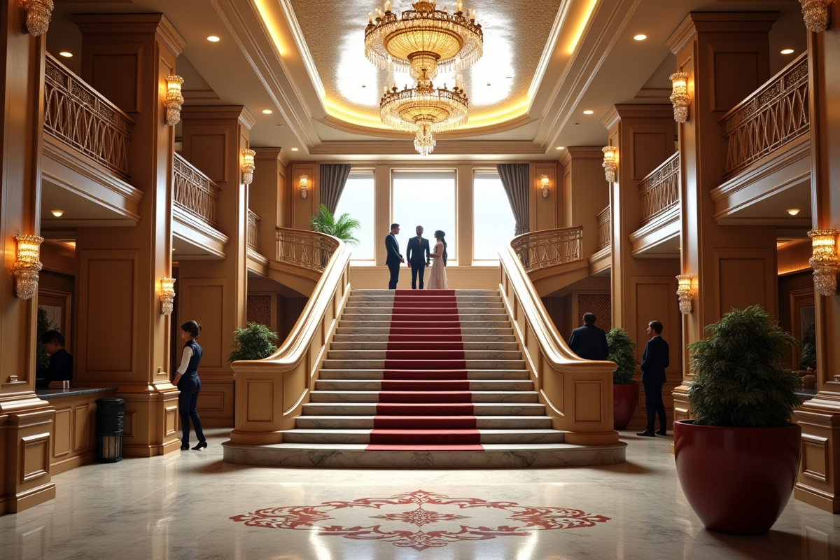 Intérieur somptueux d un navire avec escalier en marbre et lustres
