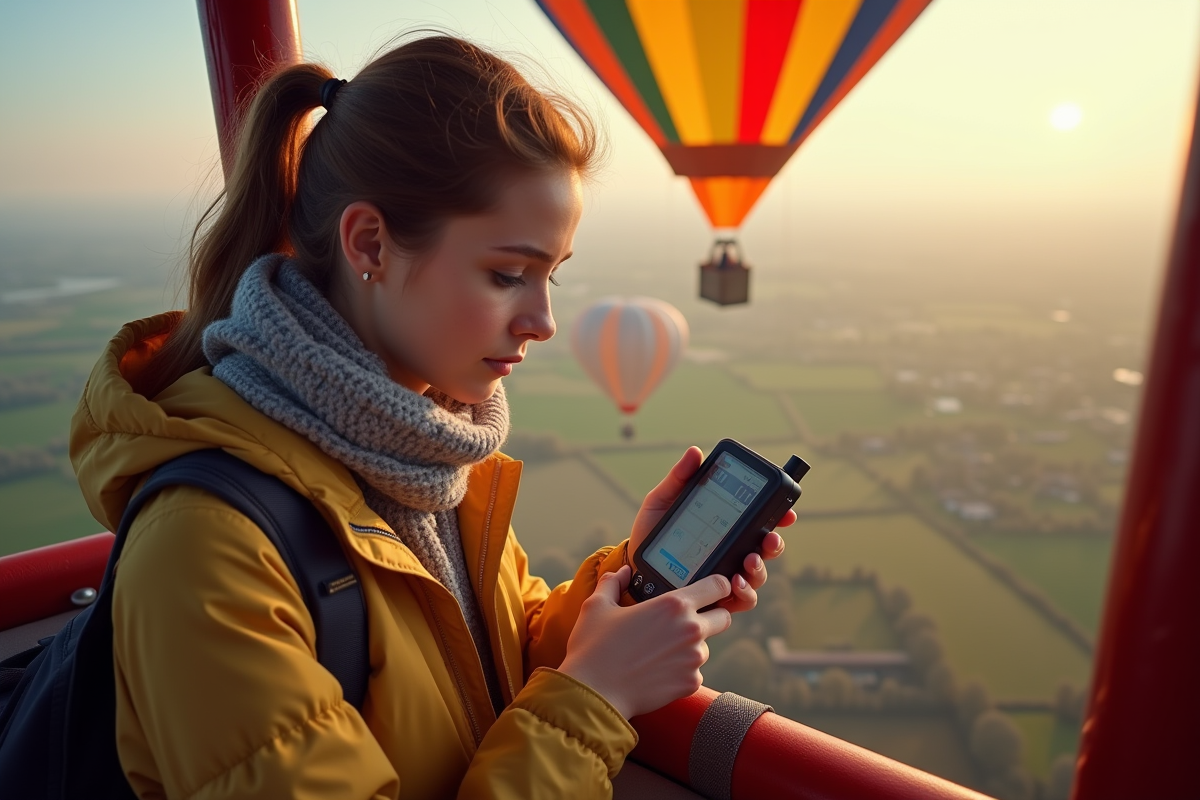 Jeune femme vérifiant un altimètre dans une montgolfière colorée