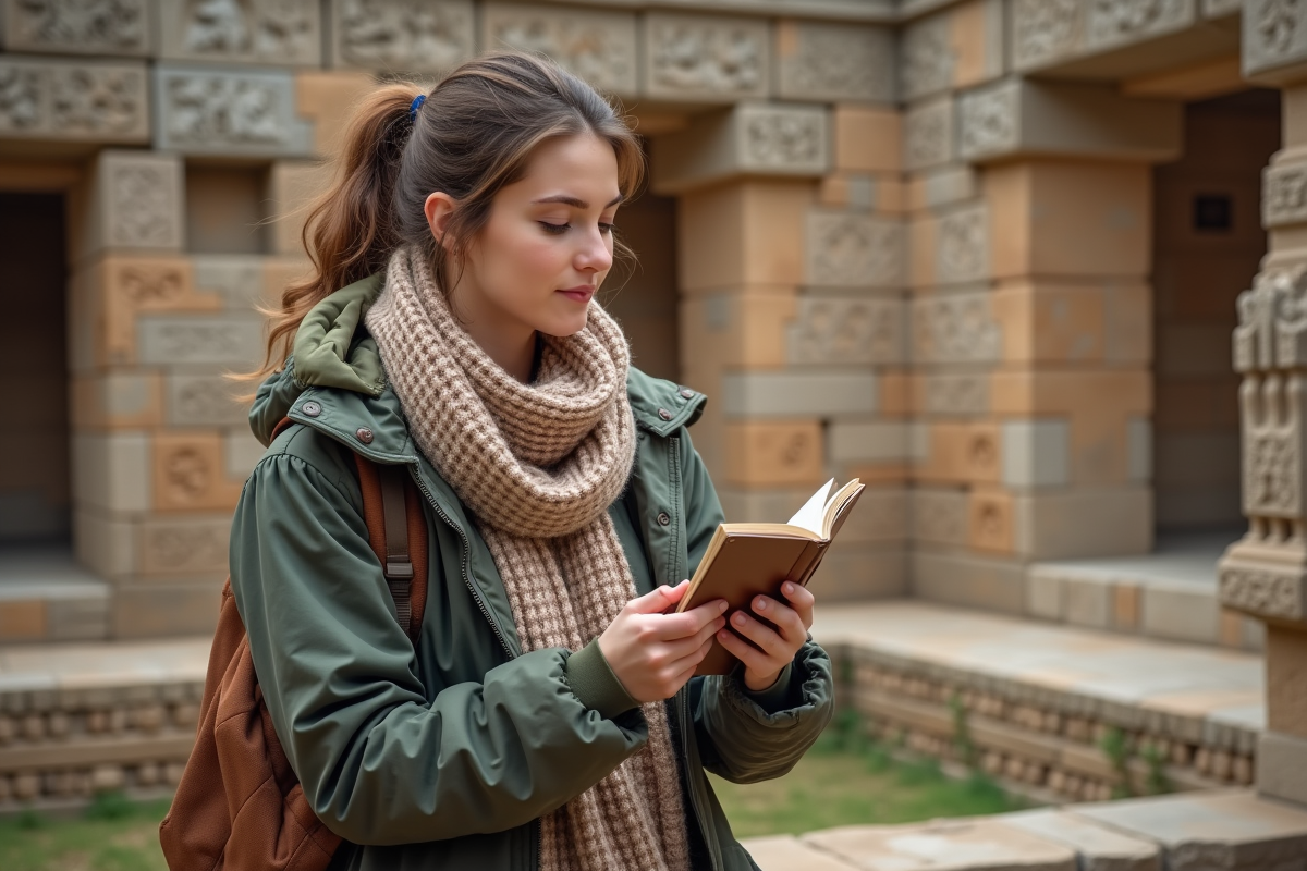 Jeune femme admire carvings anciennes lors d'une visite