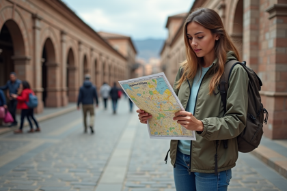 Jeune femme consulte une carte color&eacute;e &agrave; Cusco