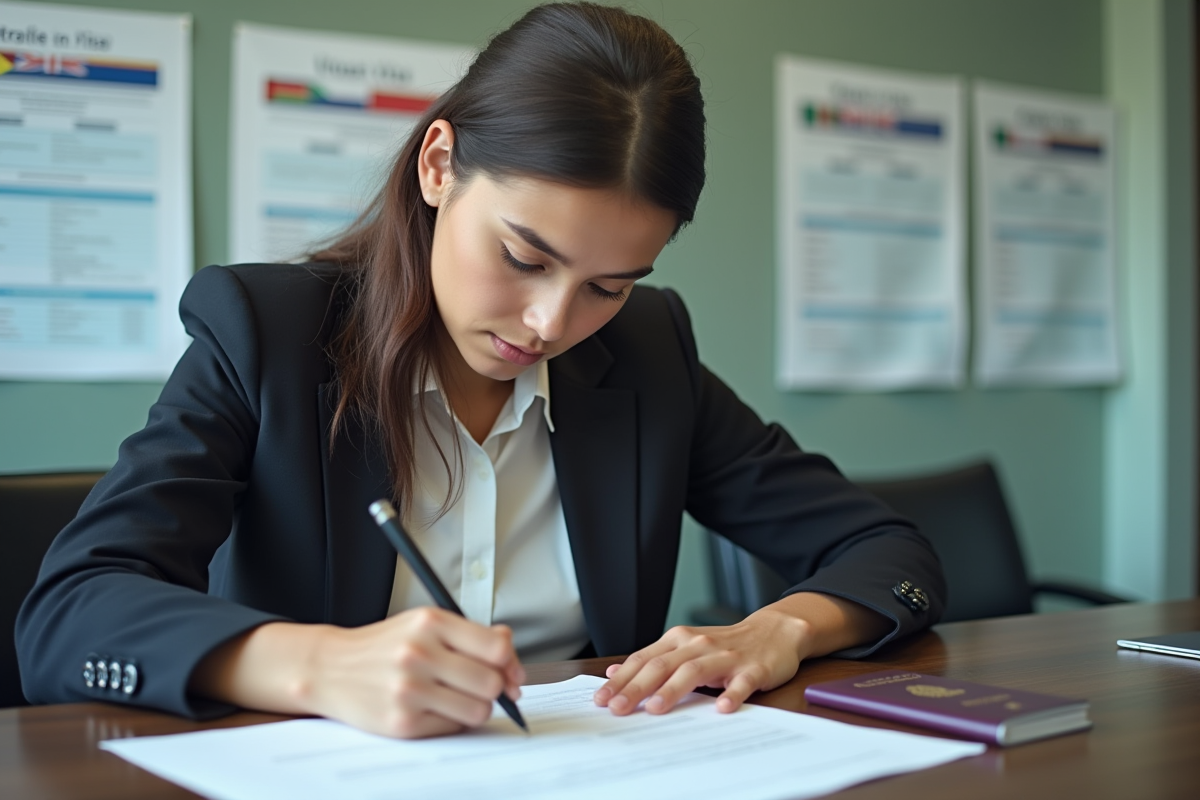 Jeune femme remplit un formulaire de visa dans un bureau