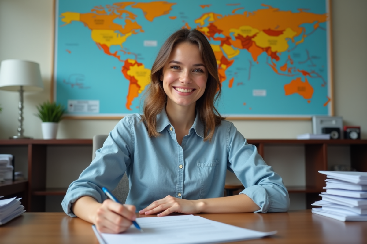 Jeune femme remplissant un formulaire de visa dans un bureau