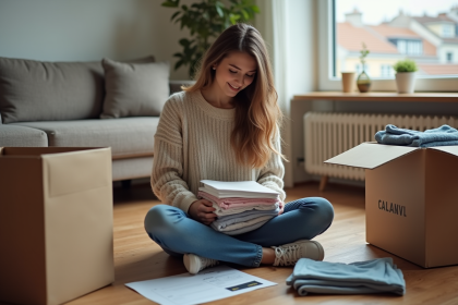 Jeune femme emballant des vêtements dans un salon chaleureux