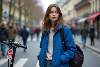 Jeune femme à Paris près d'un scooter électrique avec un style urbain