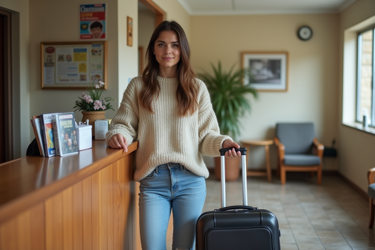Jeune femme check-in au motel avec valise