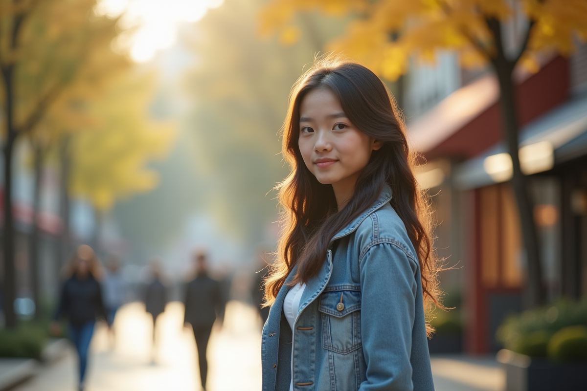 Jeune femme attentive en extérieur dans un décor urbain