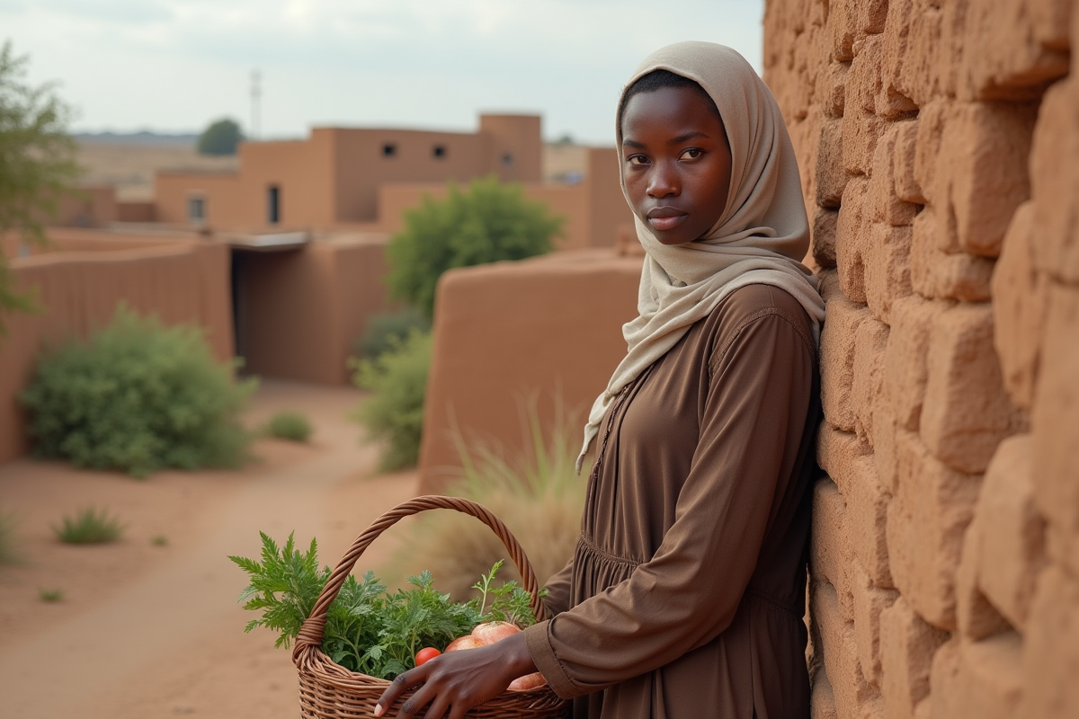 Jeune femme avec panier de légumes dans un village rural